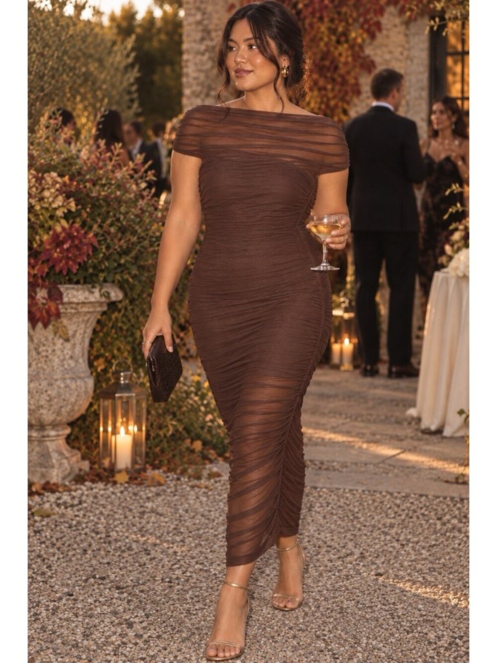 Lulus Sunama Midi Dress Sz XL Brown Sheer Mesh Ruched Bodycon Cocktail Glam Boho